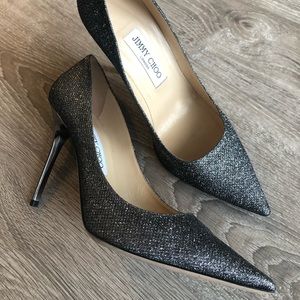 Jimmy Choo Silver Glitter Romy 85 Heels in Grey